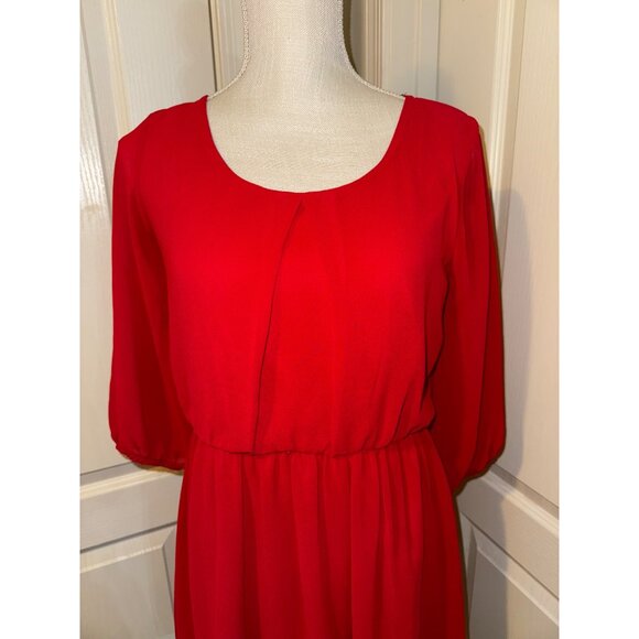 Women's Midi Dress Red Lace Lined Size M Chiffon‎ 3/4 Sleeve Stretch Pullover - Picture 2 of 6